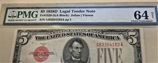 $5 1928D LEGAL TENDER NOTE - FR.  1529 - PMG 64 CHOICE UNCIRCULATED - NET - RED SEAL 3