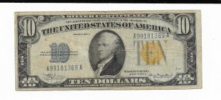 $10 Silver Certificate North Africa 1934 - A Aa Block Yellow Seal Note 369a Wwii
