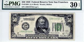 $50 1928 Federal Reserve Note San Francisco Fr 2100 - L (la Block) Pmg 30 Epq