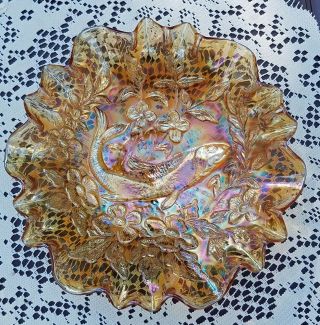 Millersburg Carnival Glass Trout & Fly Marigold 3 - In - 1 Crimped Bowl - Has Chip