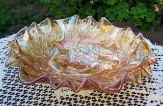 Millersburg Carnival Glass Trout & Fly Marigold 3 - in - 1 Crimped Bowl - Has Chip 2