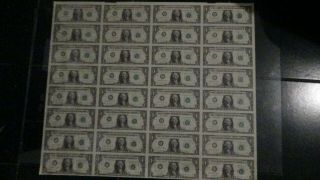 Uncut Sheet Of 32 $1 One Dollar Bills U.  S.  Paper Currency Notes Series 1988 A