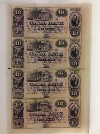 Canal Bank Of Orleans Louisiana Uncut Sheet Of Four $10 Notes Circa 1850