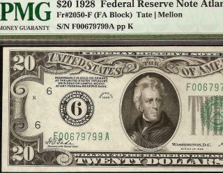 1928 $20 Dollar Bill Numerical 6 Gold On Demand Fed Note Money Fr 2050 - F Pmg 55