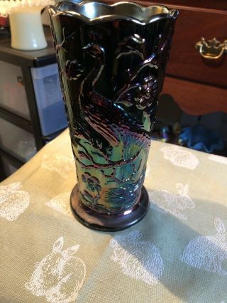 Fenton Black Amethyst Carnival Iridescent Glass Peacock And Floral Vase