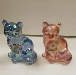 2 - Fenton Handpainted Opalescent Hand Painted Pink & Blue Art Glass Cat Signed