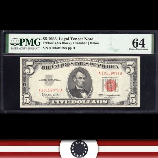1963 $5 Legal Tender Note Red Seal Pmg 64 Fr 1536 A10159078a