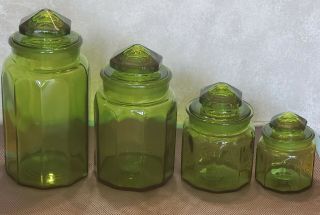 Vintage L.  E.  Smith Green Glass 4 - Piece Canister Set Apothecary Jar