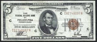 1929 $5 Brown Seal Philadelphia Old Us National Currency