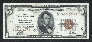 1929 $5 Brown Seal PHILADELPHIA Old US National Currency 2
