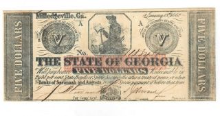 1862 State Of Georgia $5 Obsolete Note Milledgeville