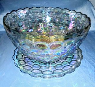 Vintage Federal Glass Colonial Pattern Clear Iridescent Punch Bowl 7 Cup Platter