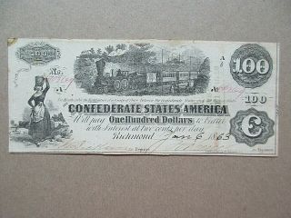 Confederate Currency,  1863,  $100,  T - 40,  Pf 20 Cr 308 Very Fine