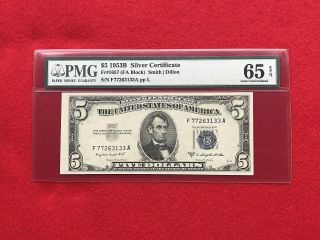 Fr - 1657 1953 B Series $5 Five Dollar Silver Certificate Pmg 65 Epq Gem Unc