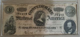 1864 $100 Dollar Bill Confederate States Currency Civil War Note Paper Money