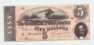 Civil War Confederate States Of America Five Dollar Note Crisp