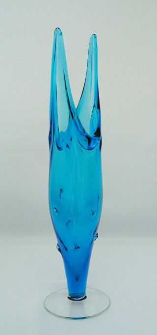 Art Glass - Footed Stretch Swung Vase - 15 " Tall - Sea Blue -