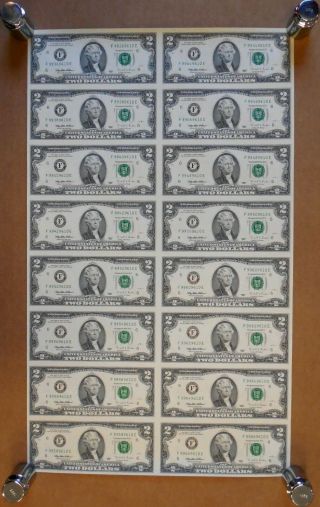 1995 - Uncut U.  S.  Currency Sheet - 16 X $2 Bills - Frn - F District - F - E Block
