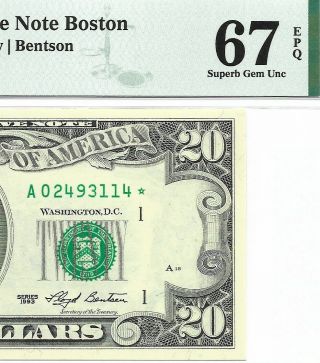 1993 $20 Boston Star ⭐️ Frn,  Pmg Gem Uncirculated 67 Epq Banknote