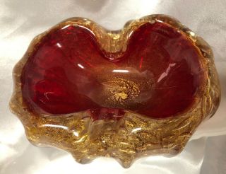 Mid Century Murano Red Gold Controlled Bubble Cased Ruby Red Ash Tray 3.  8lbs