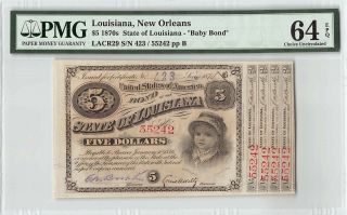 United States / Louisiana,  Orleans 1875 Pmg Choice Unc 64 Epq $5 Baby Bond