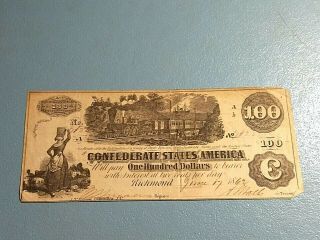 Confederate States Of America 1862 One Hundred Dollar Note