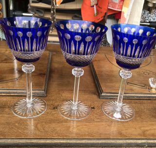 Set Of 3 Cobalt Blue Cut To Clear Crystal Cut Glass Wine Goblets