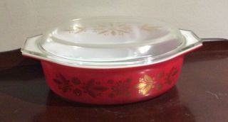 Vintage Golden Poinsettia Red Oval Casserole Dish With Matching Lid 2.  5qt