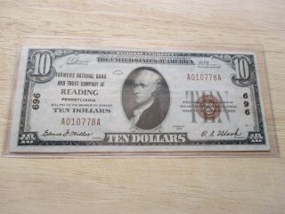 1929 $10 Farmers National Bank And Trust Company Of Reading,  Pennsylvania