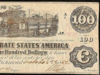 1862 $100 Dollar Confederate States Currency Civil War Note Paper Money T - 40