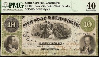 1861 $10 Dollar South Carolina Bank Note Large Currency Old Paper Money Pmg 40