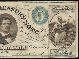 1862 $1 Dollar Richmond Virginia Treasury Note Large Currency Old Paper Money Vf