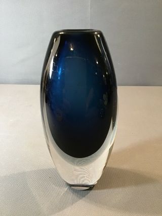 Kosta Boda Modern Blue Cased In Clear Art Glass Vase Signed