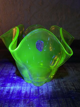 Vintage Tiffin Uranium Vaseline Bowl Mid Century Modern Swung Glass Vase Mcm
