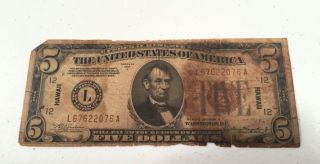 Series Of 1934 $5 Five Dollar Bill Hawaii L67622076a