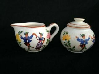 Vintage Alpine Peasant Ware Sugar And Creamer With Lid Set Hand Painted Germany