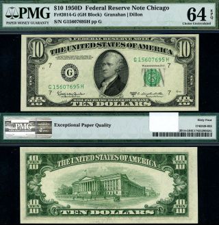 Fr.  2014 G $10 1950 - D Federal Reserve Note Chicago G - H Block Choice Pmg Cu64 Epq