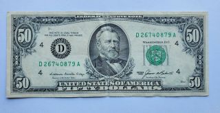 1985 $50 Fifty Dollar Bill Federal Reserve Note,  Serial D26740879a