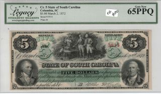 Cr5 State Of South Carolina Columbia Sc $5 1872 Unc