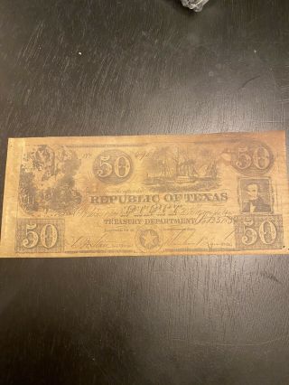 1839 $50 Bill Republic Of Texas Rising Note Large Currency Paper Money Austin