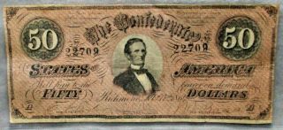 Civil War Relic Confederate $50.  00 Jeff Davis Note Issued Feb.  17,  1864