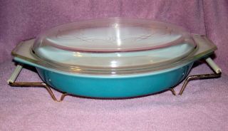 Vintage Pyrex Princess Casserole Blue Turquoise W/gold Scroll With Cradle Stand