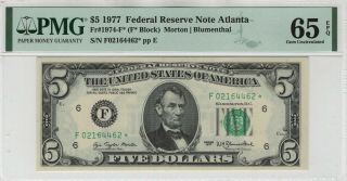 1977 $5 Federal Reserve Star Note Atlanta Fr.  1974 - F Pmg Gem Unc 65 Epq