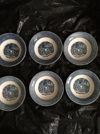 Set Of 6 Blue & White Currier And Ives Royal China 5 1/2 " Fruit Dessert Bowls