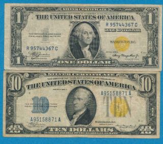 $1.  00 1935 - A,  $10.  1934 - A North Africa Wwii Yellow Seal Silver Certificates