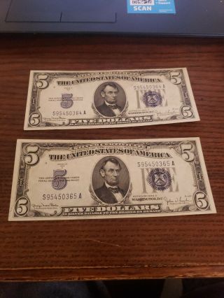 $5 1934 D Wide 1/sa/blue/2 Notes