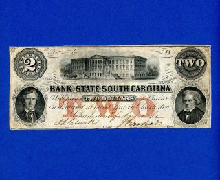 1862 $2 Bank State South Carolina Rare Low Serial 6 Civil War Note