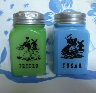 Hazel Atlas Fired On Blue & Green Dutch Boy Girl Salt Pepper Shakers Milk Glass
