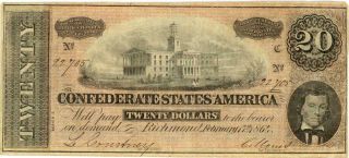 Civil War $20 Dollars Confederate Currency Banknote 1864