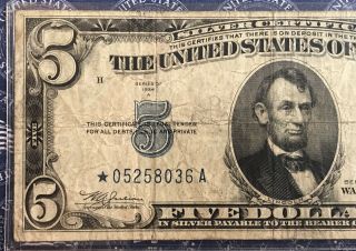 1934 - A US 5 Five Dollar Bill Silver Certificate Blue Seal Collector Star Note 2